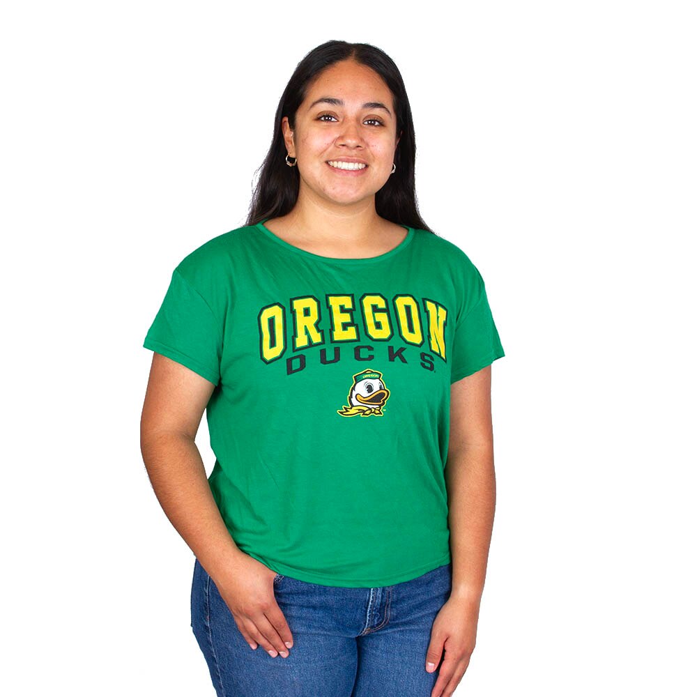 Arched Oregon, Colosseum, Green, Crew Neck, Polyester Blend, Women, Oregon Mascot, Dolman, T-Shirt, 1016674